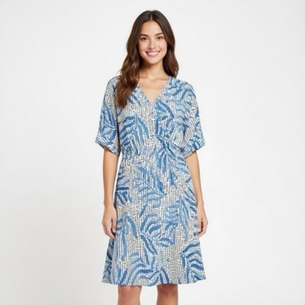 Nic+Zoe Blue Palm Leaves Dot Fit & Flare Dress PM Pockets Elastic Waist Short - Picture 3 of 8